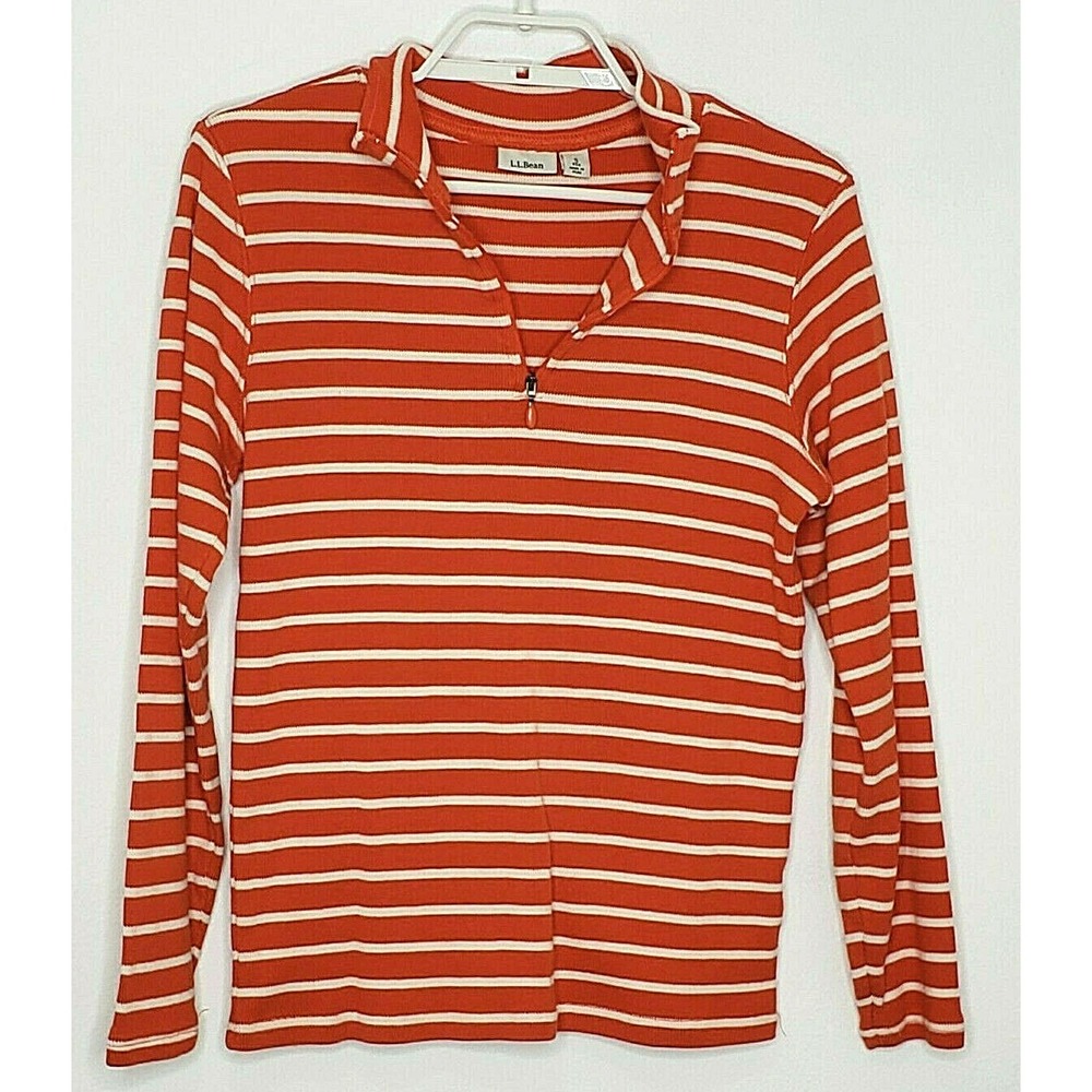 L.L.Bean Womens 1/4 Zip Sweater Small Long Sleeve Orange White Stripe Cotton